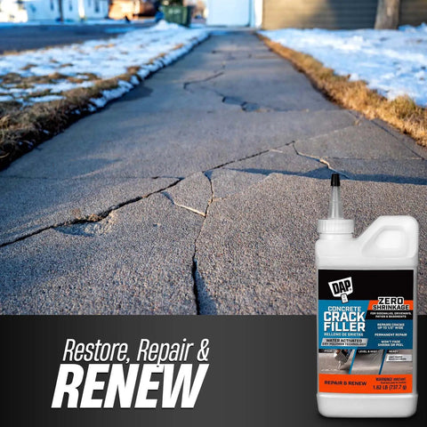 Fast Drying Concrete Crack Filler For Indoor And Outdoor Surfaces DIY Friendly Permanently Fills Cracks In Concrete Stone And Masonry 1.62 Lbs With Chemical Resistant Gloves bottle on cracked sidewalk