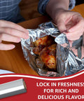 Person wrapping grilled chicken in Heavy Duty 18 Inch Wide Aluminum Foil Roll, 500 Feet, Food Safe, Tear Resistant for Cooking