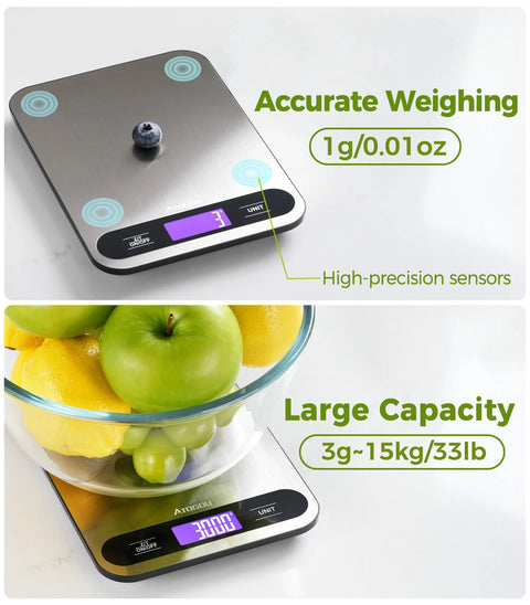 Digital Kitchen Scale With 33Lb Capacity 1g Precision And Four High Precision Sensors Backlit LCD Display Stainless Steel