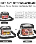 Three size options for Stadium Ready Clear Bag With Adjustable Strap For Concerts Festivals And Game Day See Through PVC Purses.