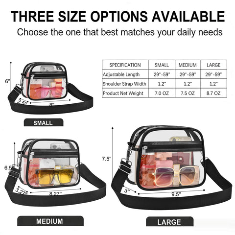 Three size options for Stadium Ready Clear Bag With Adjustable Strap For Concerts Festivals And Game Day See Through PVC Purses.
