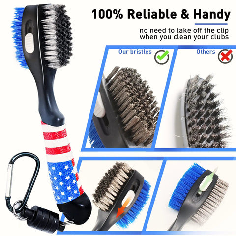 Magnetic Golf Club Cleaning Kit With American Flag Towels, Dual Pack Groove Brush And Groove Pick showing brush details.