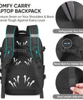 Back view of black Sturdy Unisex Travel Backpack For Laptop, Carry-On Size With 40L Expandable To 48L, showing ergonomic design