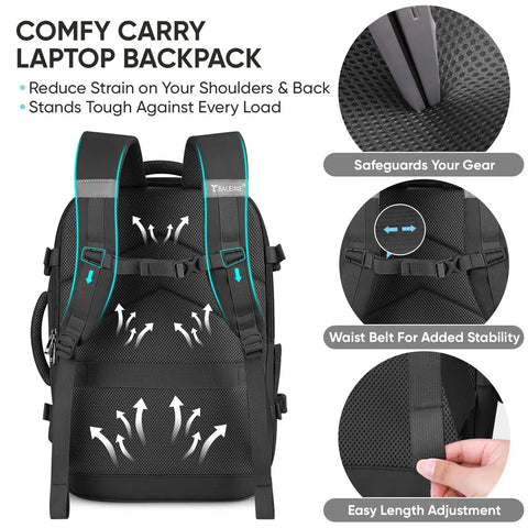 Back view of black Sturdy Unisex Travel Backpack For Laptop, Carry-On Size With 40L Expandable To 48L, showing ergonomic design
