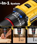 Cordless Power Drill Set With Brushless Motor 620 In Lbs Torque featuring 3-in-1 system with screwdriving, drilling, and hammer modes
