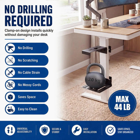 Under Desk PC Mount Adjustable Clamp On Computer Tower Stand Zero Hassle Setup Universal CPU Holder with Grippy Non Slip Pads visible under tabletop.