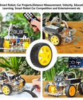 DIY smart robot car with dual H bridge motor driver board kit for Arduino, featuring four DC motors, smart car wheels, and jumper wires.