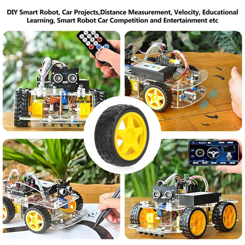 DIY smart robot car with dual H bridge motor driver board kit for Arduino, featuring four DC motors, smart car wheels, and jumper wires.