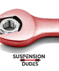 Heavy Duty 21 Piece Front Upper And Lower Control Arm Kit With Rear Lower Arms, Ball Joints, Sway Bar Links, Outer Tie Rod Ends, And Steering Drag Link For Jeep Wrangler JK 2007-2018 red suspension arm close-up