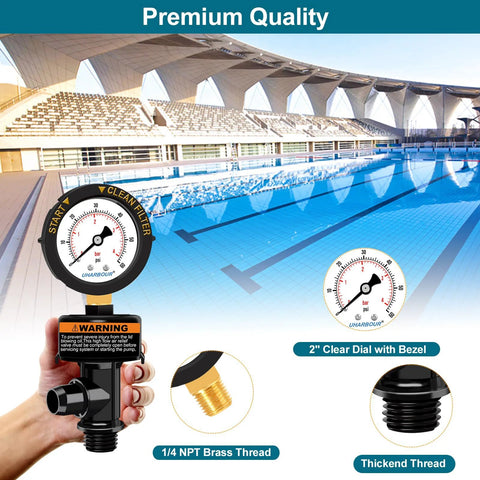 Uharbour air relief valve with pool filter pressure gauge, 2-inch dial, brass 1/4 NPT thread.