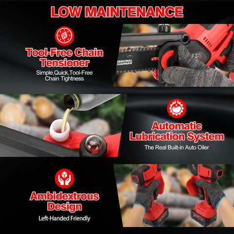 Close-up of features of 8 Inch Brushless Cordless Chainsaw with tool-free tensioning and automatic lubrication system.