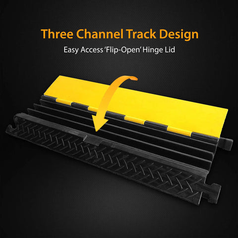 Ramp-3 Channel Rubber Floor Cord Concealer Rugged Heavy Duty Cable Protector For Wires Hoses And Pipes, open lid view