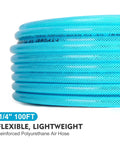 Quarter Inch X 100 Feet Reinforced Polyurethane Air Compressor Hose With 300 Psi Quick Connect Coupler And Plug Kit Blue coiled in a stack.
