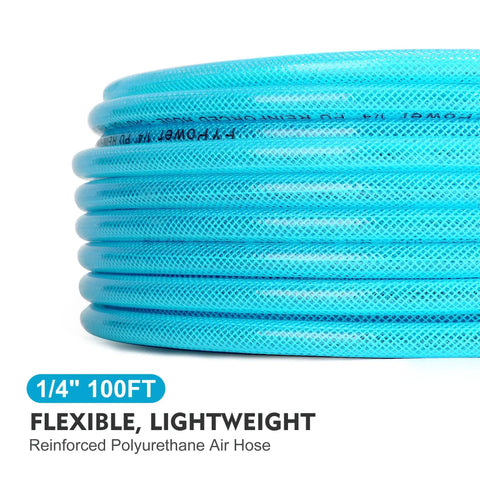 Quarter Inch X 100 Feet Reinforced Polyurethane Air Compressor Hose With 300 Psi Quick Connect Coupler And Plug Kit Blue coiled in a stack.