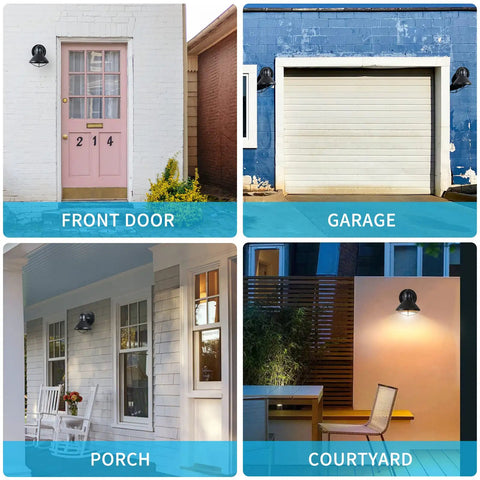 Motion Sensor Outdoor LED Porch Light With Dusk To Dawn Auto And Auto Plus Modes Weatherproof Black Barn Lantern Wall Mount Sconce For Garage Patio Balcony Or Doorway Farmhouse Exterior Lighting installed in four locations: front door, garage, porch, courtyard.