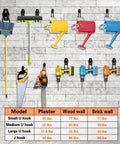 12 Pack Heavy Duty Steel Garage Hooks With Anti Slip Coating Wall Mount Organizer holding tools and items on brick wall