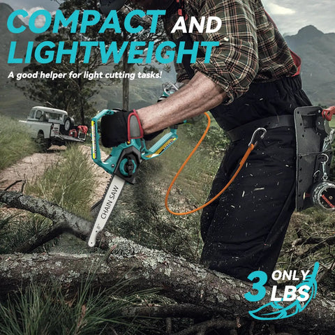 Person using Two In One Cordless Mini Chainsaw With 800W Brushless Motor, 8 Inch And 6 Inch Cutting Bars, Auto Oiler, No Battery Included, Lightweight Pruning And Wood Cutting Tool For Home Yard Tasks on a fallen tree branch outdoors.