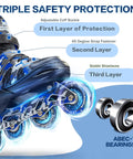 One Push Adjustable Inline Skates For Kids And Youth With Full Light Up Wheels Camo Blue showing safety features