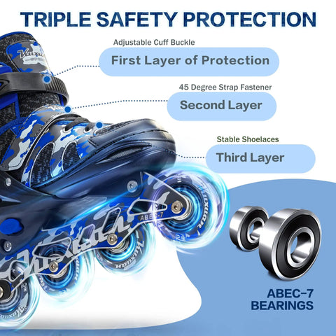 One Push Adjustable Inline Skates For Kids And Youth With Full Light Up Wheels Camo Blue showing safety features