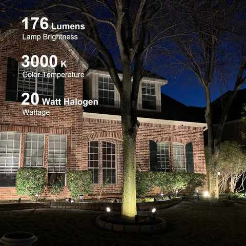 Low Voltage Landscape Spotlight Kit 8 Pack, 20W Halogen Outdoor Lights, 176 Lumens, 3000K Warm Glow illuminating house facade