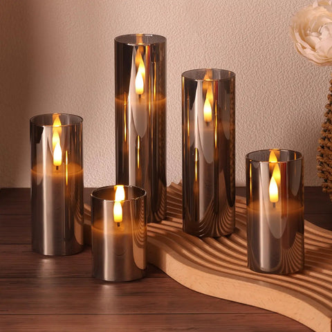 Grey Glass Flameless Candles With Remote Control Real Wax Look Flickering LED Pillar Candles for Cozy Home Decor Slim Tall Battery Powered Set of Five