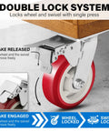 Solid As A Rock Six Inch Polyurethane Caster Wheels showing double lock system locking wheel and swivel for smooth movement.