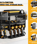 Power Tool Storage Rack With Six Drill Holders And Pegboard Organizer Shelf For Garage Walls Wall Mount For Cordless Drills