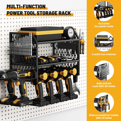 Power Tool Storage Rack With Six Drill Holders And Pegboard Organizer Shelf For Garage Walls Wall Mount For Cordless Drills