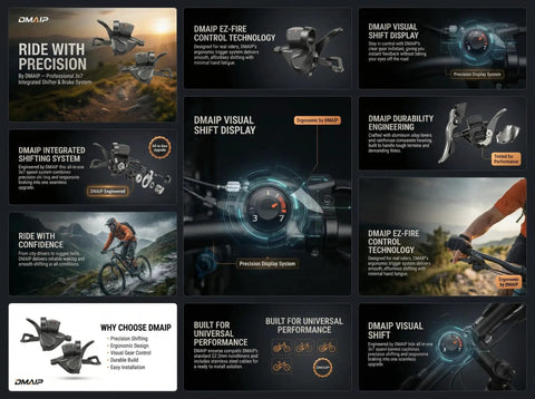 Collage of 3x7 Speed Shifter Brake Levers Combo For Mountain Hybrid And Road Bikes, highlighting features and technology.