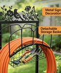 Adjustable Hose Holder With Metal Decor Signs Freestanding Water Hose Reel Stand Holds Up To 150 Ft Of Hose Storage Basket Rack