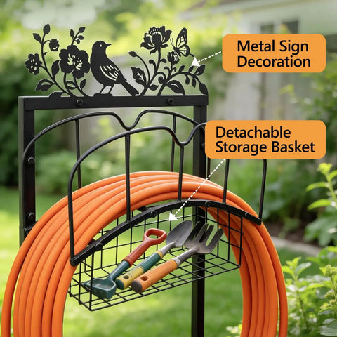 Adjustable Hose Holder With Metal Decor Signs Freestanding Water Hose Reel Stand Holds Up To 150 Ft Of Hose Storage Basket Rack