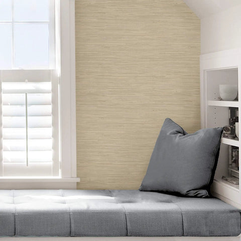 Cream Tibetan Faux Grasscloth Peel And Stick Wallpaper, Neutral textured look, shown in bright room with seating area
