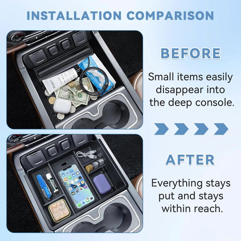 Installation comparison of Center Console Organizer Tray For Full Console With Bucket Seats Fits 2014 2018 Chevy Silverado GMC Sierra 1500 And 2015 2019 Silverado Sierra 2500HD 3500HD Storage Compartment For Your Truck showing before and after organized storage.