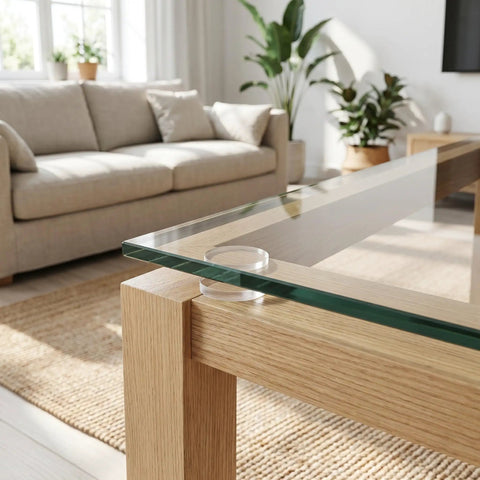 Glass table corner with transparent spacer pads, showcasing 16 Pack Rubber Feet For Glass Furniture Grippy Cushions Dots Soft Spacer Pads.