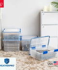 16 Qt Weatherproof Storage Bins With Lids 3 Pack BPA-Free Plastic Gasket Boxes With Tight Seals in clear and blue in a home setting.