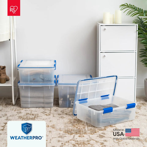 16 Qt Weatherproof Storage Bins With Lids 3 Pack BPA-Free Plastic Gasket Boxes With Tight Seals in clear and blue in a home setting.