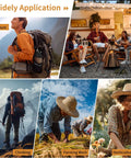 Image collage illustrating adventure, camping, climbing, farming, and horticulture applications of Foldable Sickle With Sheath, Knife And Saw All In One For Adventure, Camping, Climbing, Farming, Horticulture, Weeding, Grass Clearing, Portable Outdoor Garden Tool.
