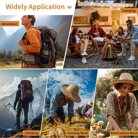 Image collage illustrating adventure, camping, climbing, farming, and horticulture applications of Foldable Sickle With Sheath, Knife And Saw All In One For Adventure, Camping, Climbing, Farming, Horticulture, Weeding, Grass Clearing, Portable Outdoor Garden Tool.