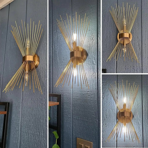 Gold Starburst Wall Sconce Set Of Two For Living Room Bedroom And Hallway Modern Mid Century Style Luxury Metal Art Deco Lighting Accent, brushed brass on blue wall