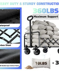 Foldable Utility Wagon With All Terrain Wheels And Brakes, Heavy Duty Cart Holds 360 Lbs, shown with sandbags, carbon steel frame.