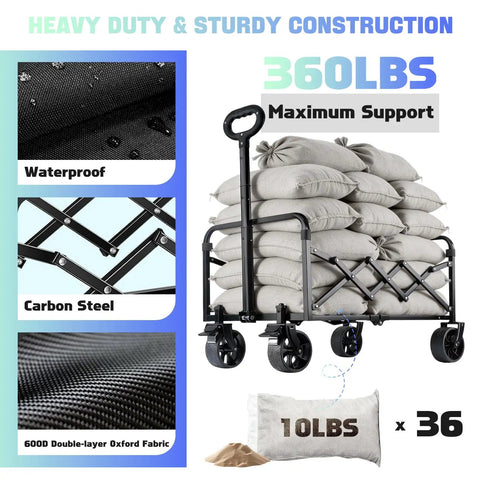 Foldable Utility Wagon With All Terrain Wheels And Brakes, Heavy Duty Cart Holds 360 Lbs, shown with sandbags, carbon steel frame.