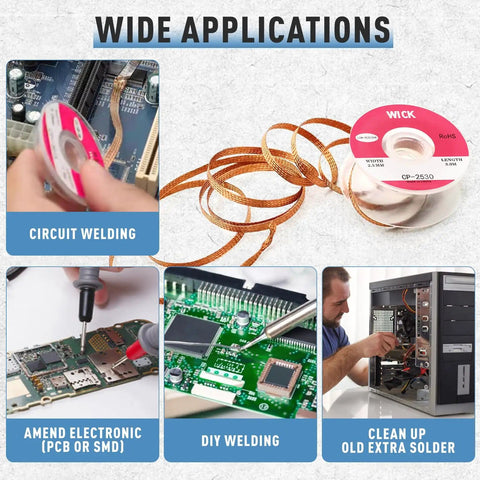 3 In 1 Solder Wick Braid With Flux For Desoldering No Clean Wick Copper Braided for Electronics on PCBs and Circuit Boards