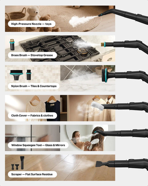 Behome Portable Steam Cleaner With 15 Second Quick Heat Up, 3-Level Adjustable Handle, And 1.9 Qt Large Tank using various attachments.