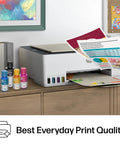 Smart Tank 5000 Wireless All In One Ink Tank Printer With Scanner And Copier, Two Years Of Ink Included, on a desk printing pages