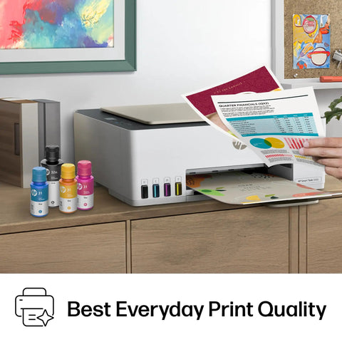 Smart Tank 5000 Wireless All In One Ink Tank Printer With Scanner And Copier, Two Years Of Ink Included, on a desk printing pages