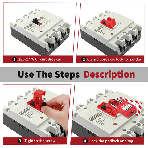 10 Pack Clamp On Circuit Breaker Lockout Devices For 120/277V Single Pole Systems, Lockout Tagout Safety Kit shown installed