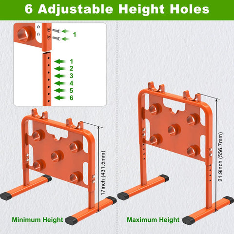 Heavy-Duty Adjustable Wire Dispenser And Welded Steel Spool Rack with six adjustable height holes shown in minimum and maximum settings.