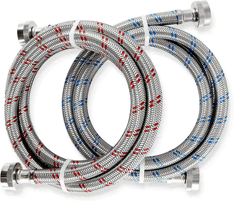 Stainless Steel Washing Machine Hoses 4 Foot Burst Proof 2 Pack Hot And Cold Water Supply Hoses for Washing Machines coiled view