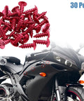 Street Hardened 30 Pack 5mm Red Hex Head Self Tapping Bolts With Snug Plastic Snap Caps For Universal Car Truck Auto Body Bumper Fender Trim Hardware Upgrades with motorcycle background.