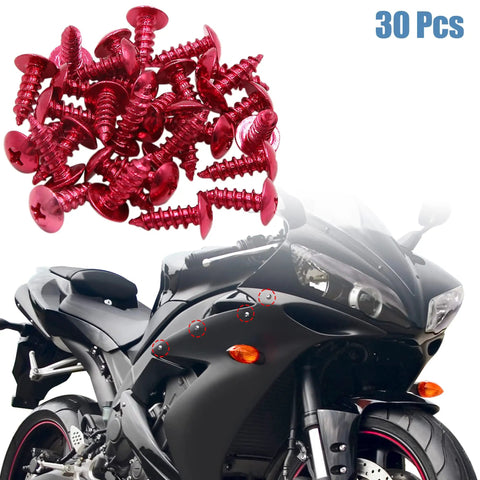 Street Hardened 30 Pack 5mm Red Hex Head Self Tapping Bolts With Snug Plastic Snap Caps For Universal Car Truck Auto Body Bumper Fender Trim Hardware Upgrades with motorcycle background.
